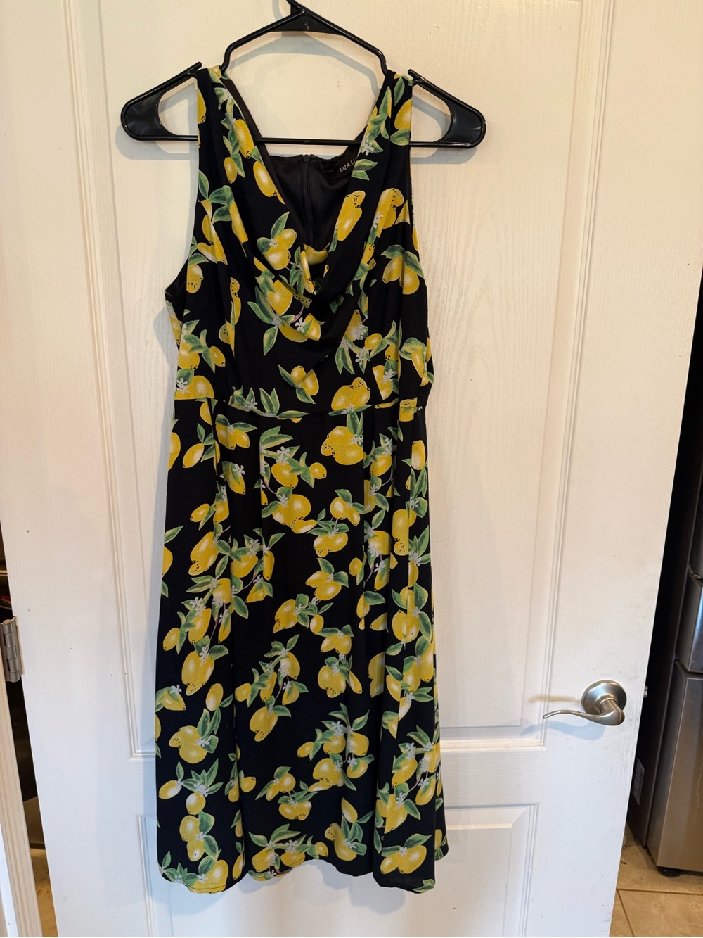 ModCloth Liza Luxe sleeveless midi dress black w bright lemons cowl neck large